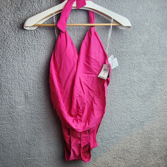 Bar III Swimsuit Ruby Pink Solids One Piece Halter Cowlneck Monokini Size S - Picture 1 of 8